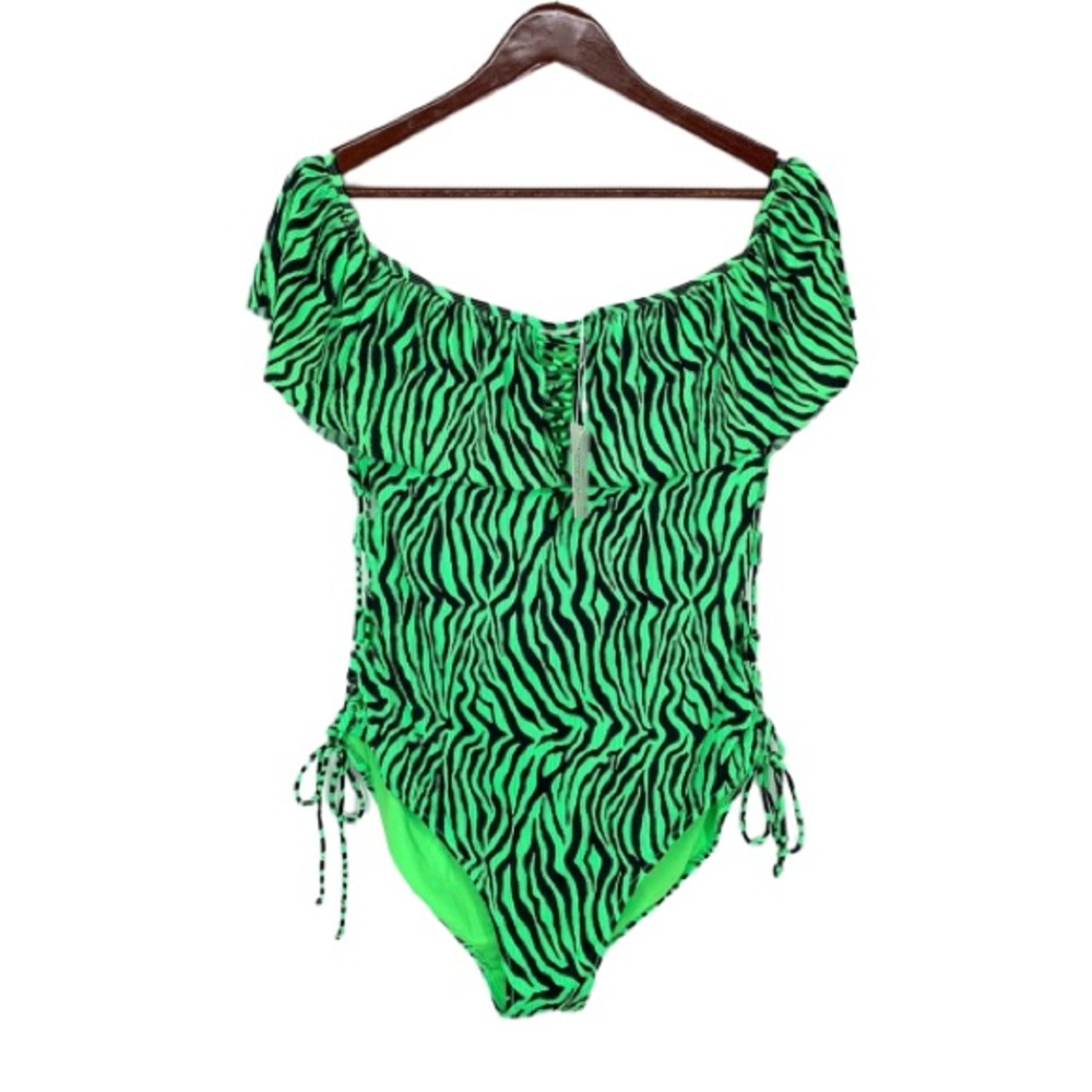 Coastal Waves Neon Green & Black Tiger Print One Piece Sexy Swimsuit New Size 2X